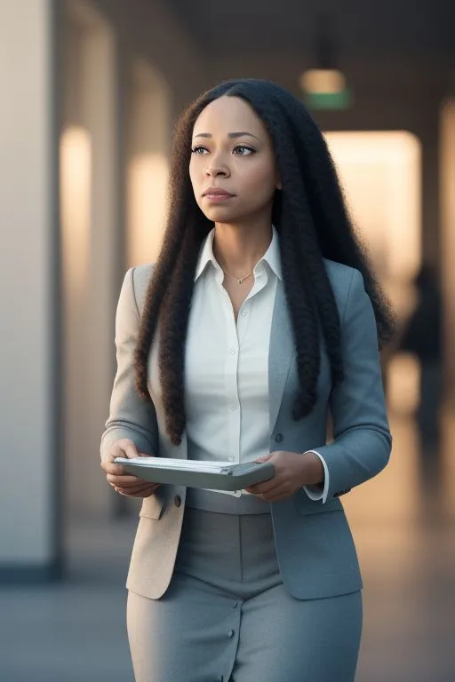 a woman in a suit holding a tablet computer