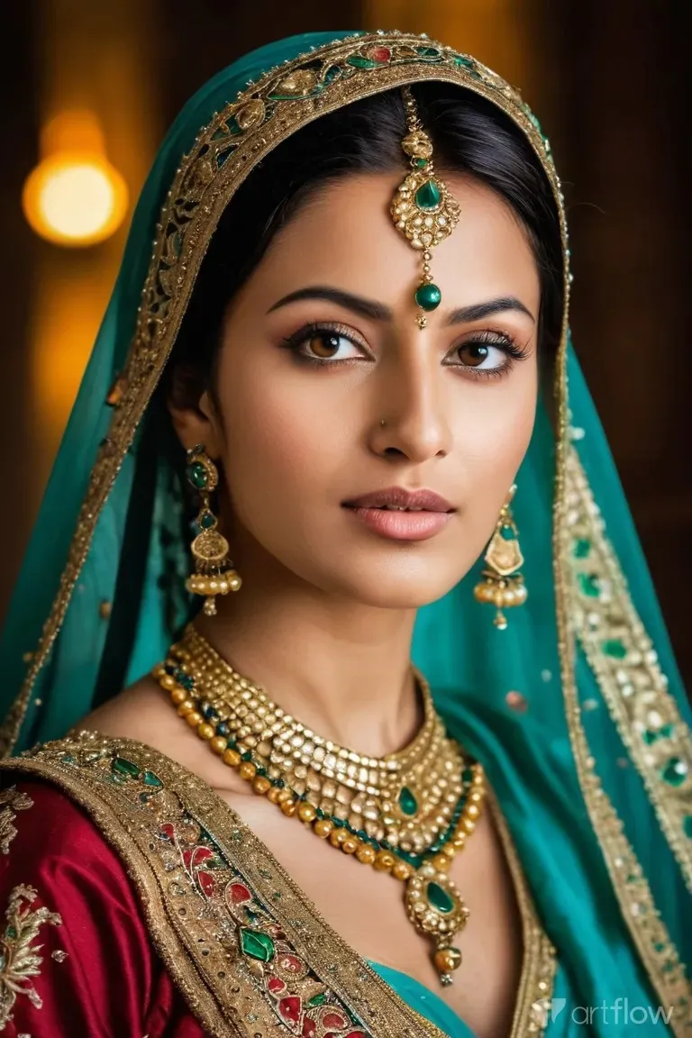 a woman wearing a green and gold bridal