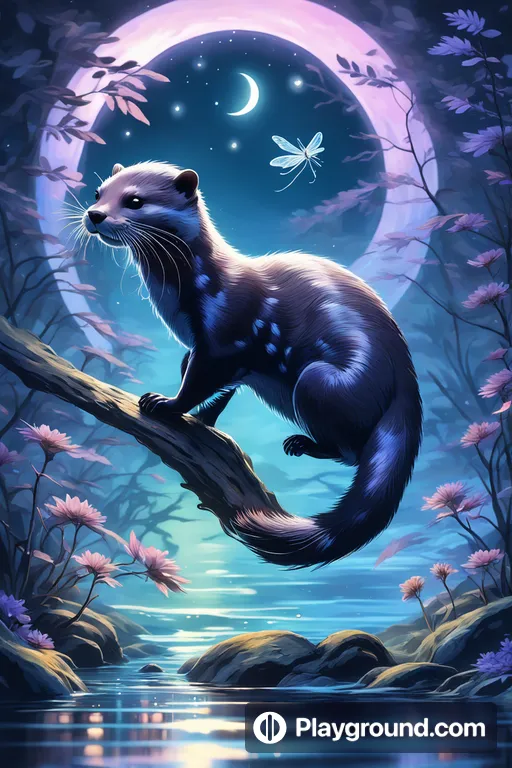 a painting of a ferret sitting on a tree branch