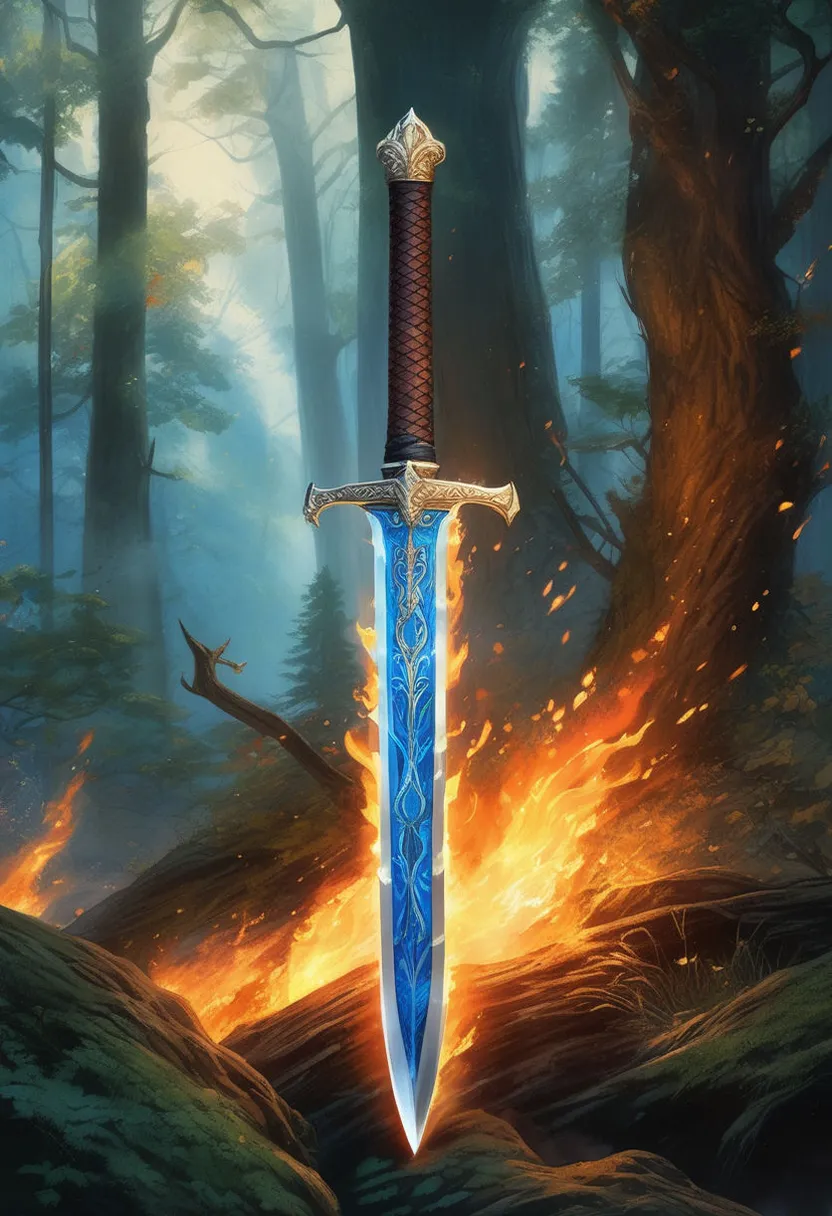 a sword in the middle of a forest