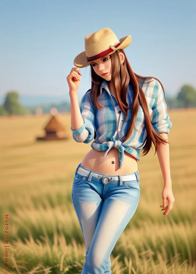 a painting of a woman in a hat walking through a field