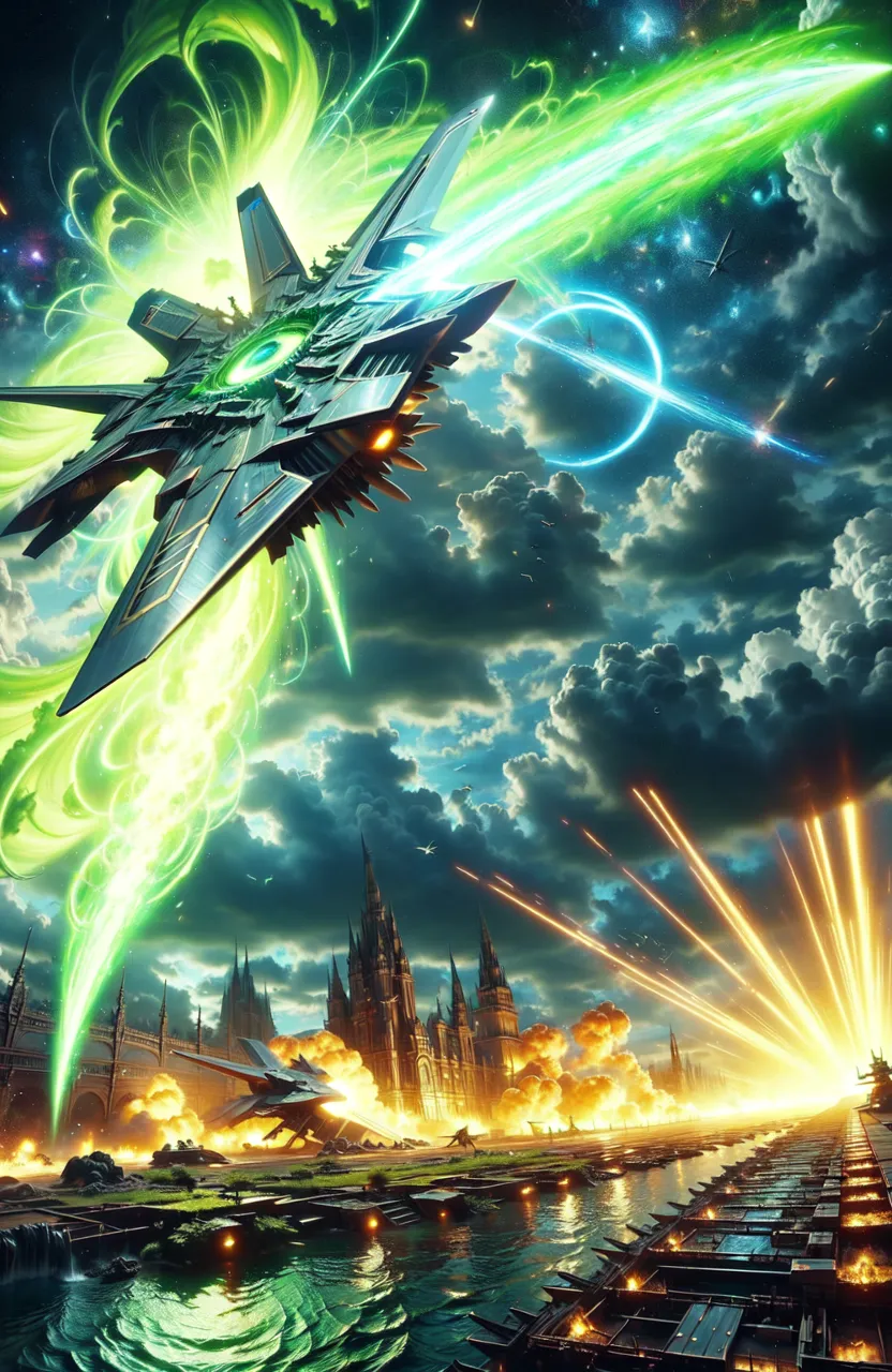 a painting of a spaceship flying over a city and using plasma lasers to destroying buildings 