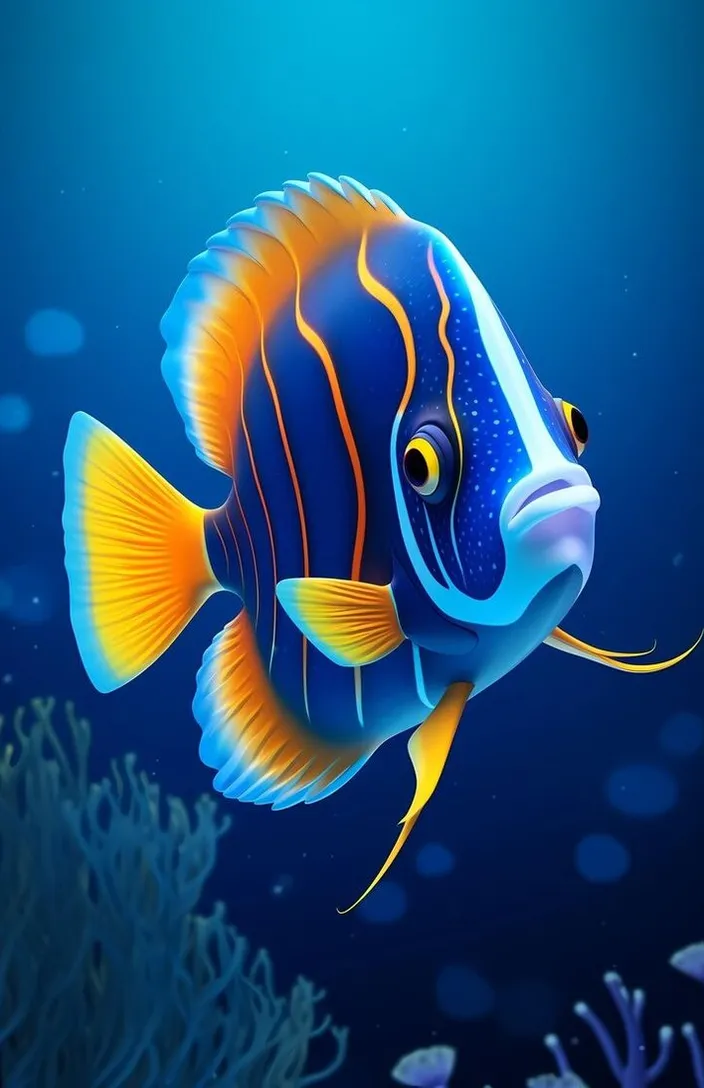 a blue and yellow fish swimming in the ocean