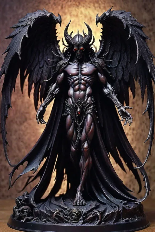 a statue of a demon with large black wings