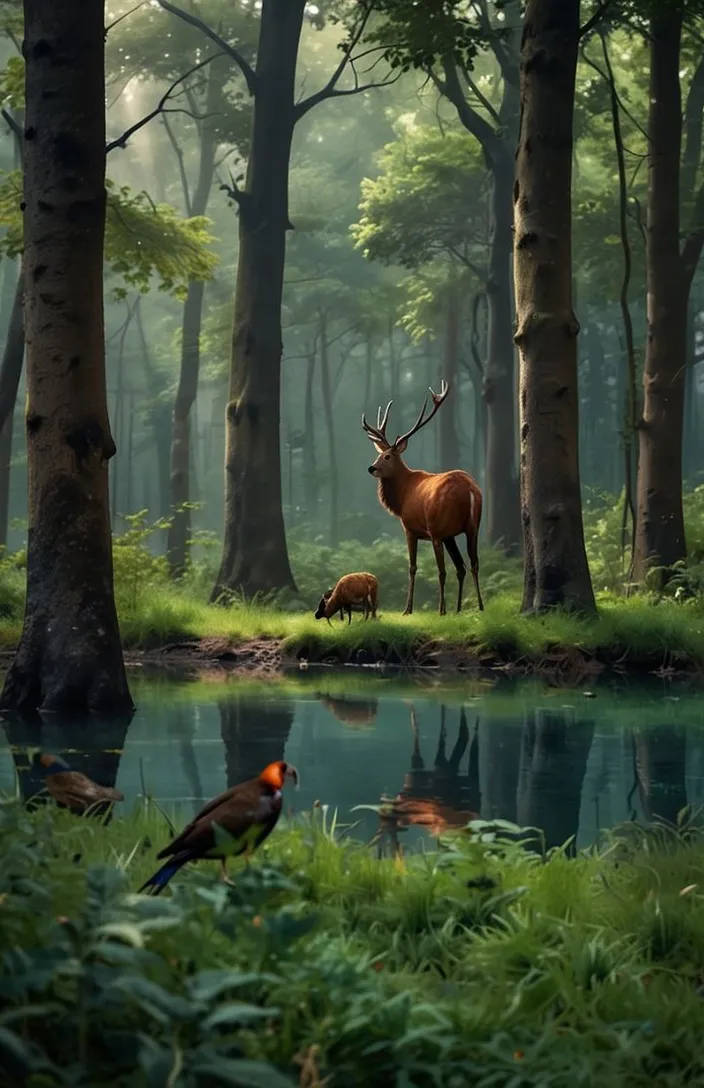 a deer and a bird standing in a forest