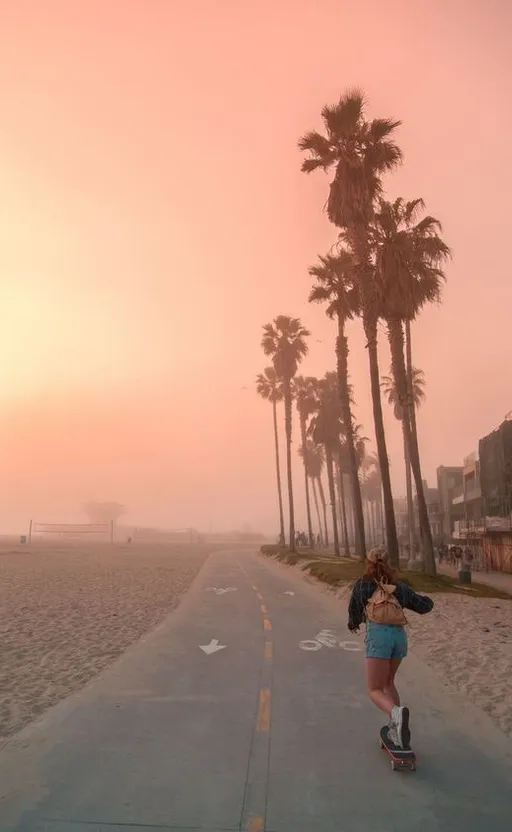 a woman riding a skateboard down a street next to palm trees