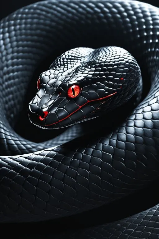 A black snake with red eyes curled up on a fiery rock in an inferno realm .