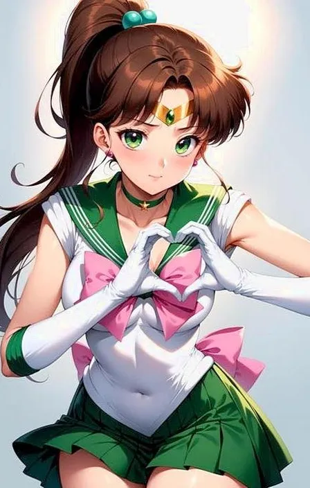 a girl in a green and white uniform with a pink bow