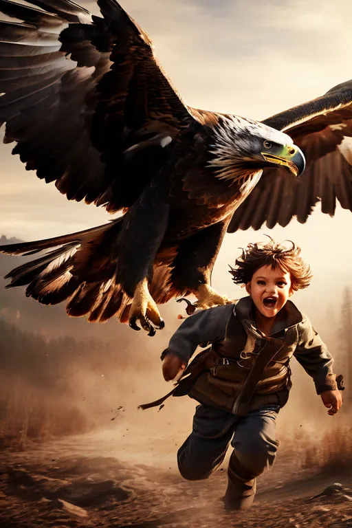 a boy running with an eagle on his shoulder