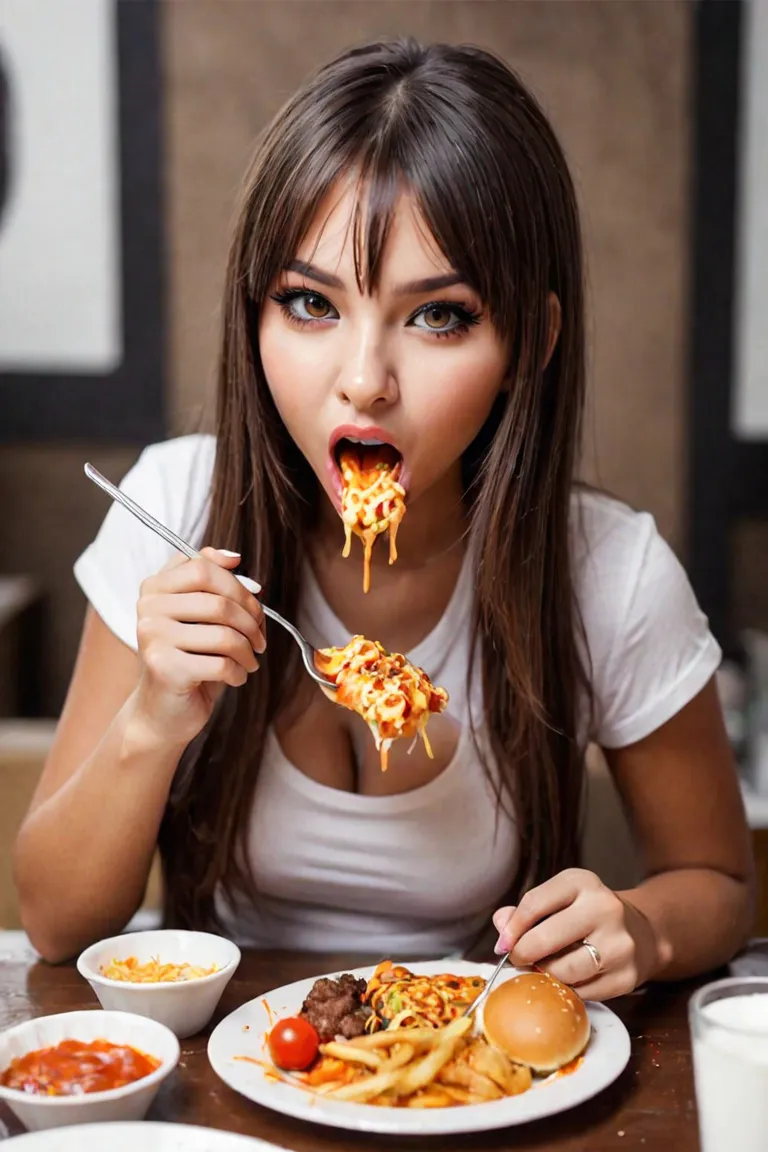 a woman eating a plate of food with a fork