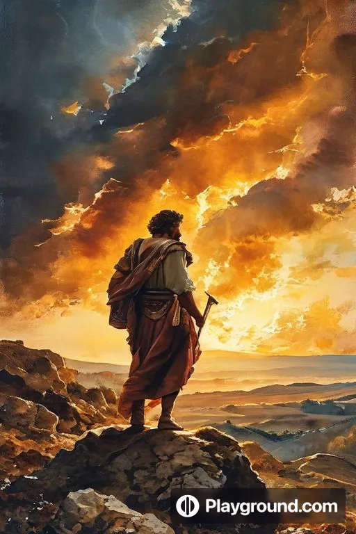 a painting of a man standing on top of a mountain