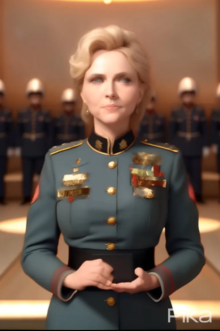 year is 4085 human is living on Mars this woman is the chief general of the martian army giving a speech and she raise her arm while talkin, turn her head move her arms to mark her words 