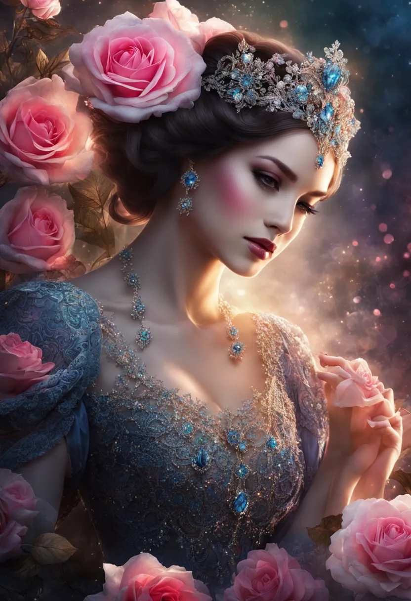 a beautiful woman in a blue dress surrounded by pink roses