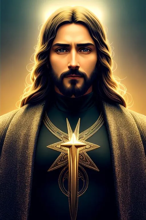 a painting of jesus holding a sword