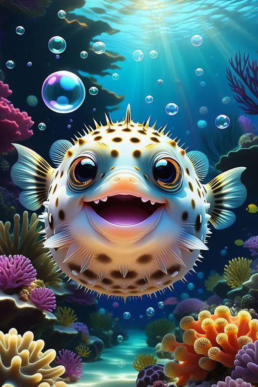 a painting of a puffer fish in the ocean