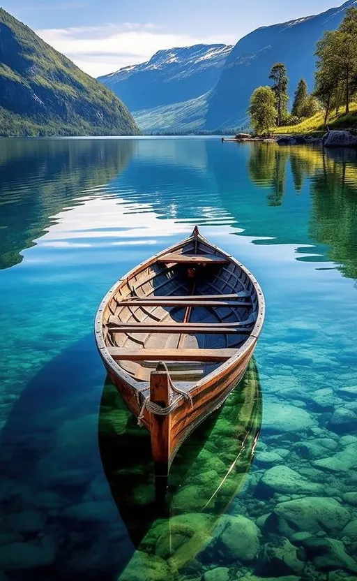 a boat floating on top of a lake surrounded by mountains