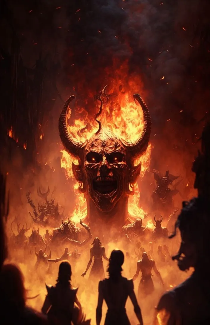 a group of people standing in front of a demonic demon