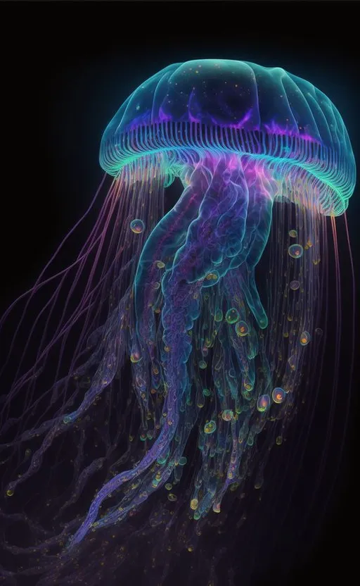 a jellyfish with many bubbles floating in the water