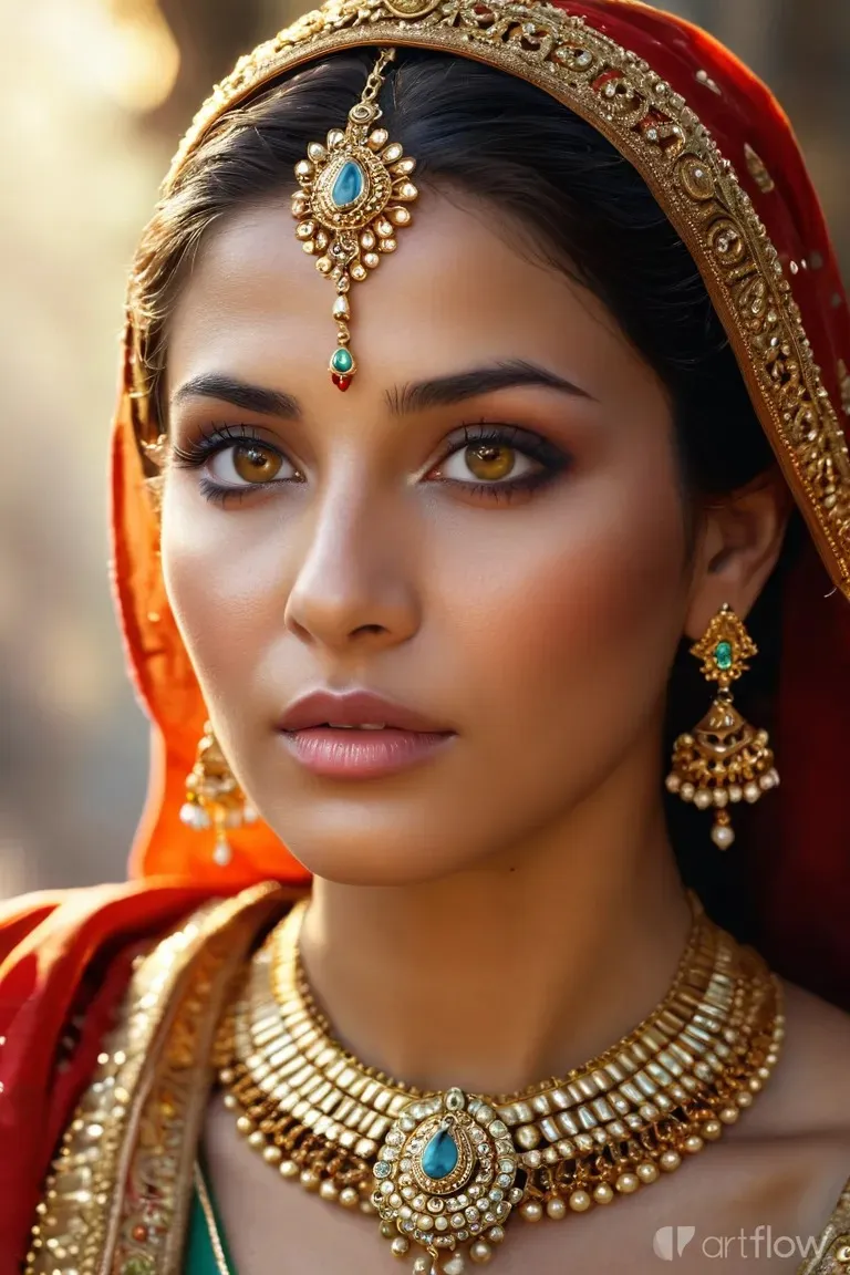 a woman wearing a red and gold outfit