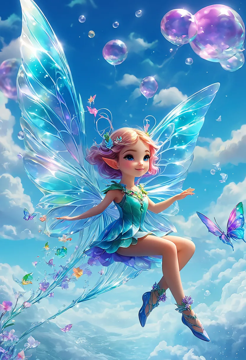 a beautiful fairy sitting on a cloud with bubbles