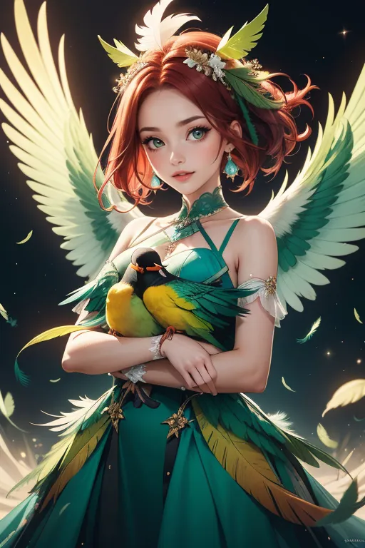 a woman in a green dress holding two birds