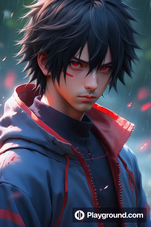 an anime character with black hair and red eyes