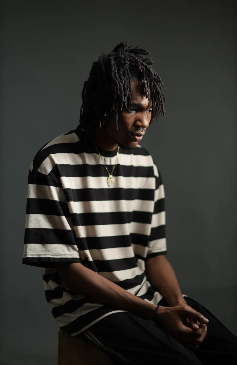 a man with dreadlocks sitting on a stool