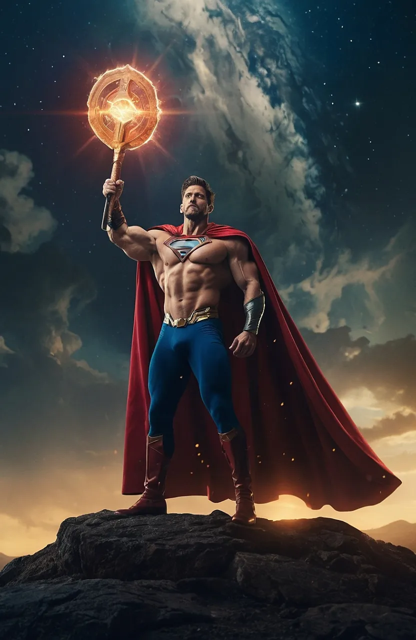 A man in a glowing Superman costume holding a luminous orb in a sparkling, cosmic landscape