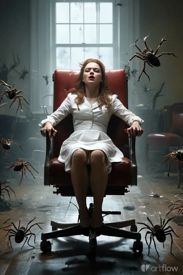 a woman sitting in a chair surrounded by fake spider legs