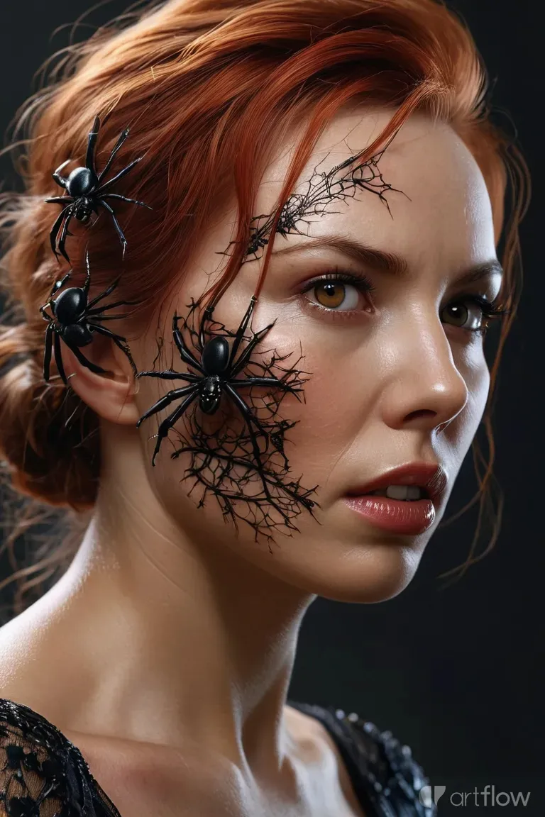 a woman with red hair and spider webs on her face