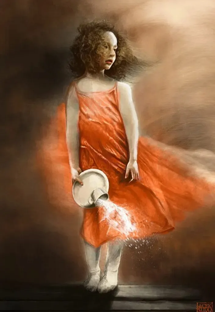 a painting of a girl in an orange dress