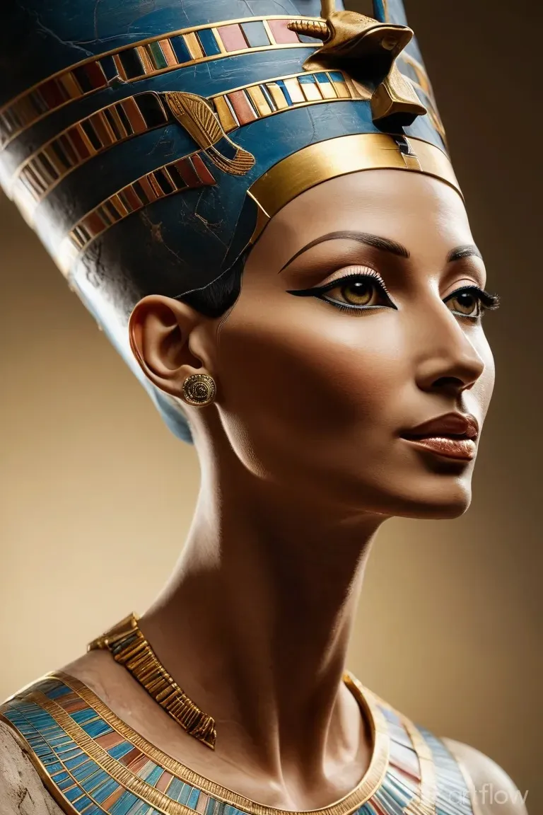 a bust of an egyptian woman wearing a blue and gold costume