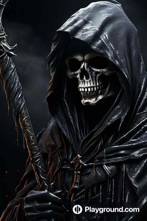 a skeleton in a hooded outfit holding a sword