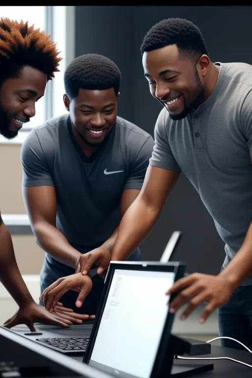 three men looking at a laptop screen together