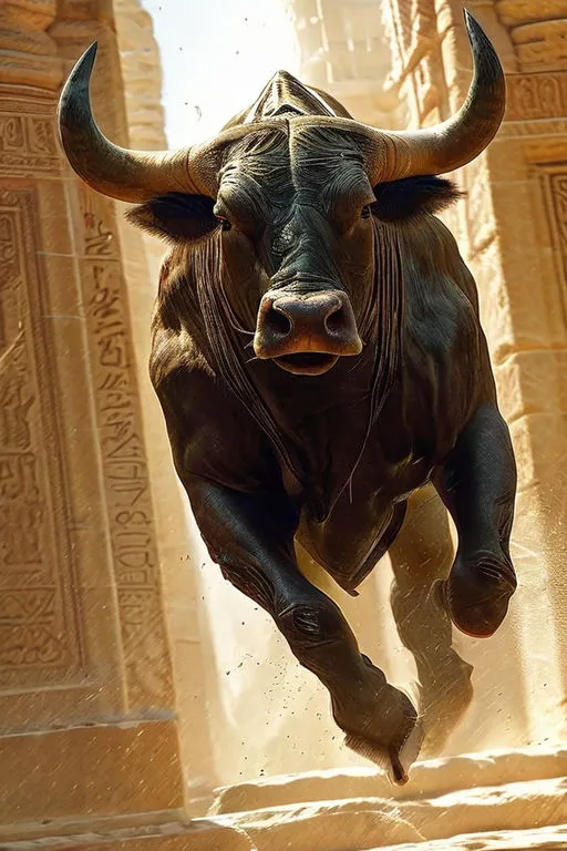 a bull is running in front of a building