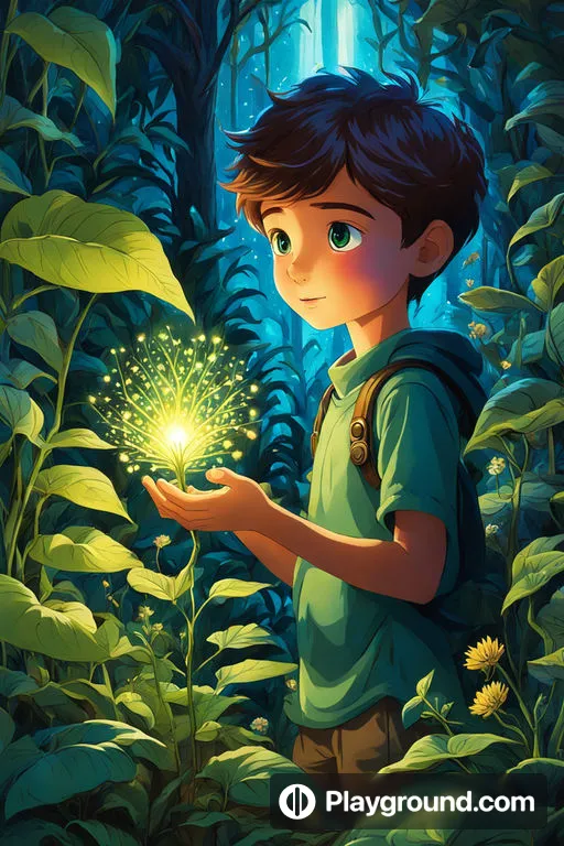 a young boy holding a sparkler in a forest