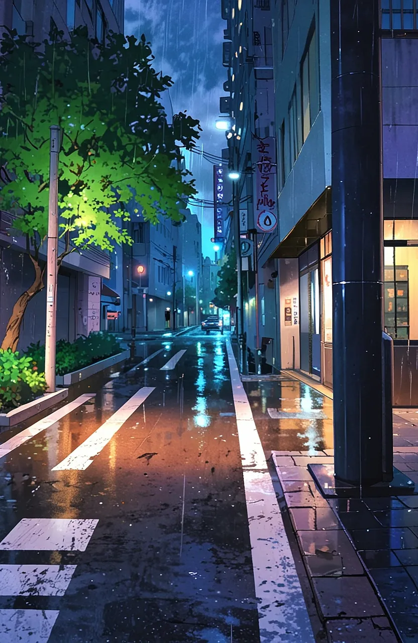 a city street at night in the rain, raining