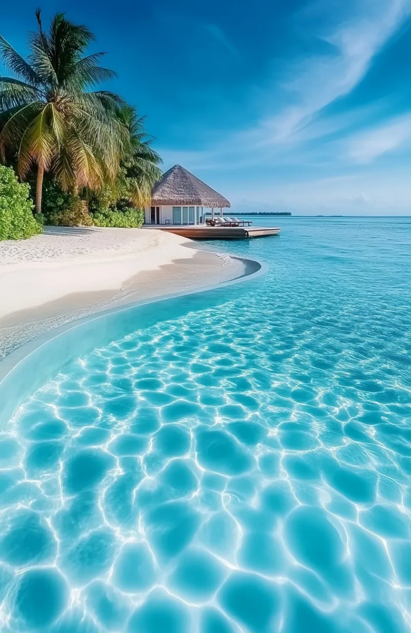 a tropical beach with a hut on the water