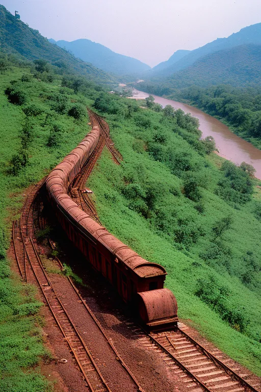 an Indian goods train sitting  down the tracks next to a lush green hillside; Rusty and old ; trash on tracks 