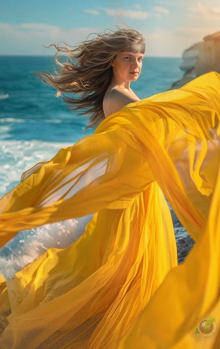 a beautiful woman in a yellow dress on the beach