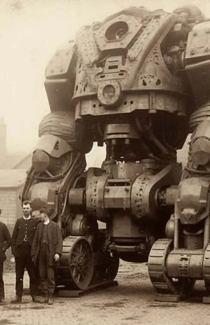 a group of men standing next to a giant robot