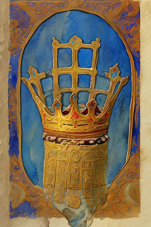 a painting of a golden crown on a blue background