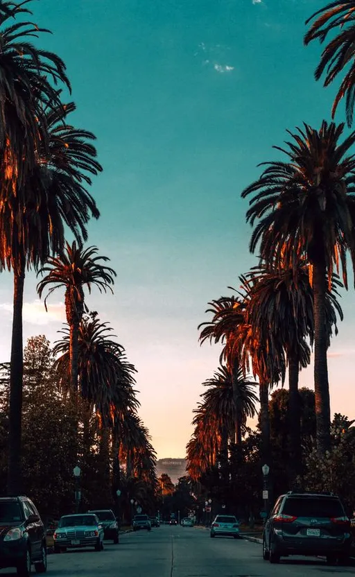 a street lined with palm trees and parked cars