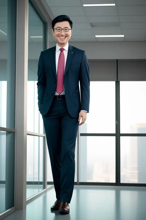 a man in a suit and tie standing in front of a window