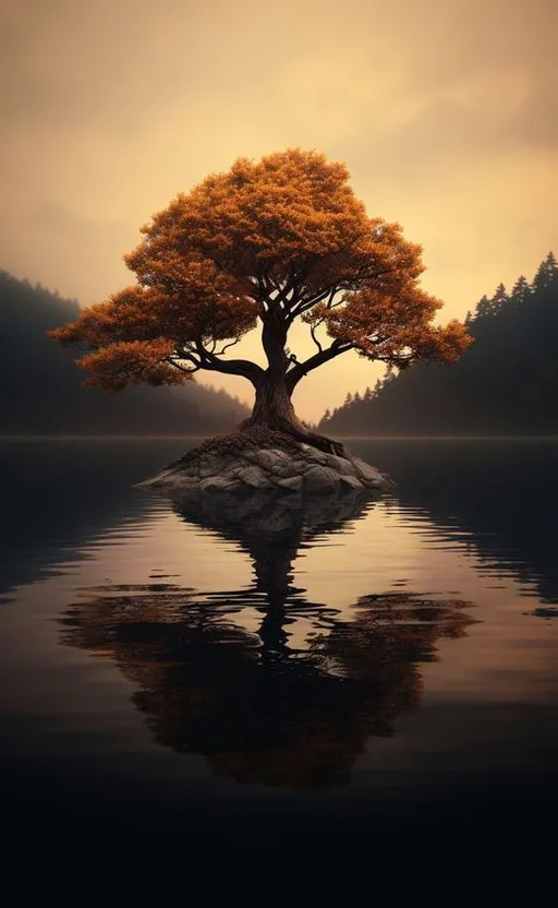 a tree sitting on top of a rock in the middle of a lake