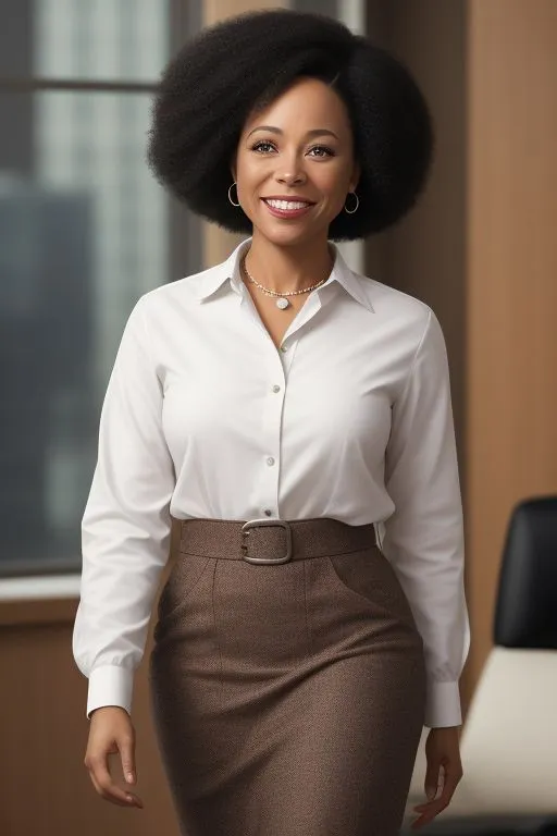 a woman in a white shirt and brown skirt