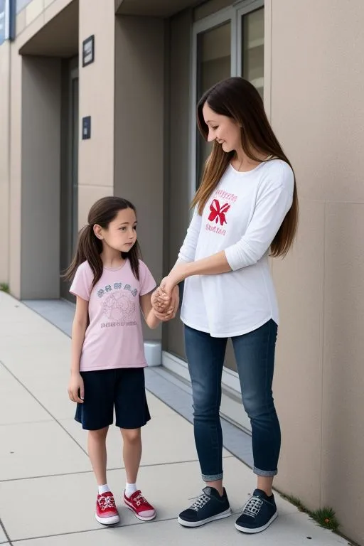 a woman holding the hand of a little girl