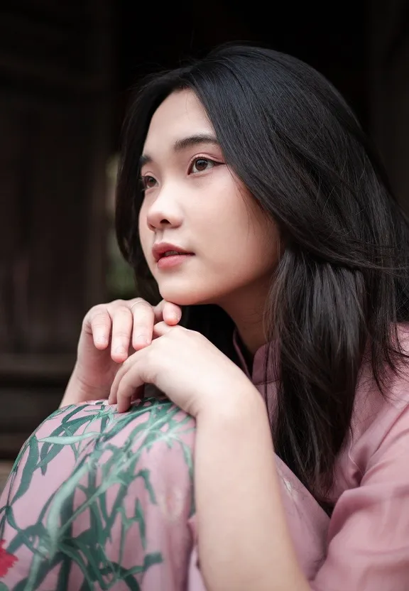 a woman with long black hair wearing a pink shirt