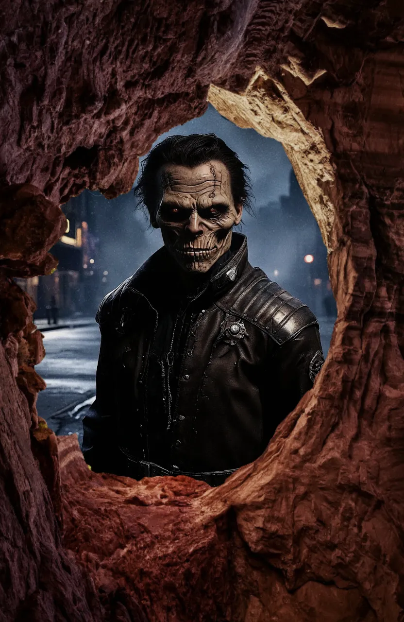 a man in a cave with a creepy look on his face