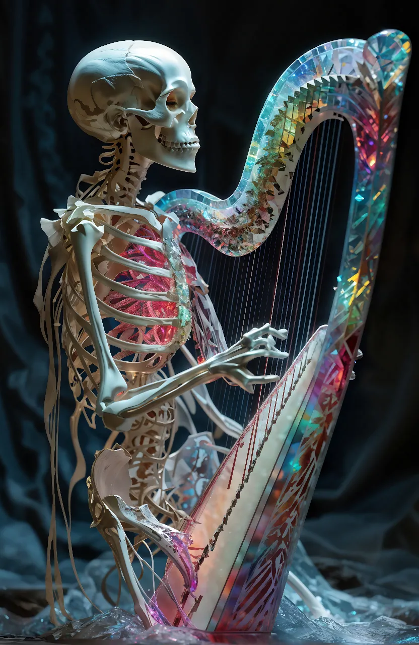 A single skeleton playing a harp under a vibrant, glowing aurora borealis